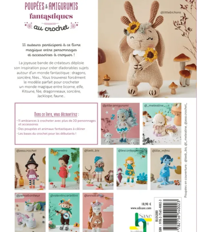 Visuel de la couverture arri&egrave;re du livre Poup&eacute;es & amigurumis fantastiques au crochet, mettant en avant Lily, le jackalope, et des vignettes illustrant des personnages fantastiques tels que la licorne, la f&eacute;e, et la sorci&egrave;re, avec un aper&ccedil;u des ambiances f&eacute;eriques propos&eacute;es.