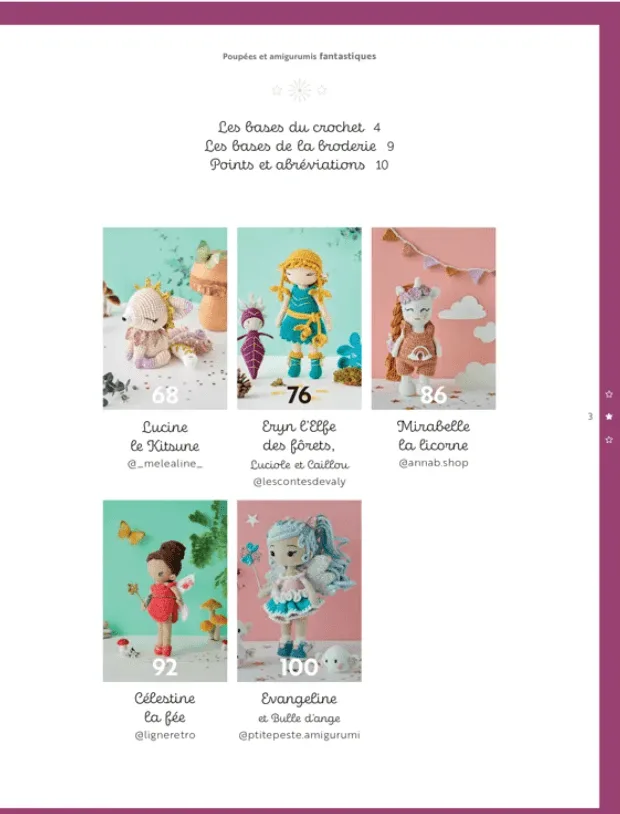 Illustration des personnages du sommaire : Lucine, le kitsune ; Eryn, l&rsquo;elfe des for&ecirc;ts ; Mirabelle, la licorne ; C&eacute;lestine, la f&eacute;e ; et Evangeline, poup&eacute;e magique. Mod&egrave;les issus du livre Poup&eacute;es & amigurumis fantastiques au crochet.