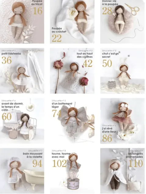 Page de sommaire illustr&eacute;e avec plusieurs versions de la poup&eacute;e Pom'ette et ses accessoires, incluant des robes, capes et d&eacute;tails &eacute;l&eacute;gants &agrave; tricoter ou crocheter.
