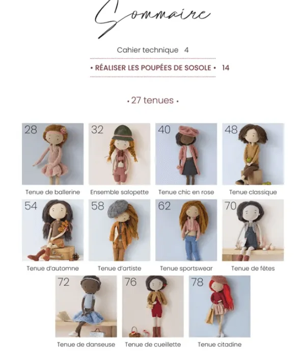 Page de sommaire mettant en avant des styles &eacute;l&eacute;gants et vari&eacute;s pour habiller les poup&eacute;es, comme la tenue de ballerine, salopette, chic en rose, ou encore les tenues d&rsquo;automne et de f&ecirc;tes. Mod&egrave;les d&eacute;taill&eacute;s issus du livre Les poup&eacute;es de Sosole - Crochet & tricot.
