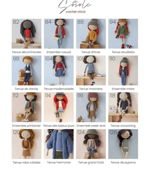 Illustration des 27 tenues disponibles dans le livre Les poup&eacute;es de Sosole - Crochet & tricot, comprenant des styles vari&eacute;s : d&eacute;contract&eacute;, casual, d&rsquo;hiver, marin, printanier, et bien plus, adapt&eacute;es &agrave; chaque poup&eacute;e.