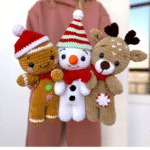 amigurumi de noel au crochet : bonhomme de niege, bonhomme pain dépice et renne au crochet